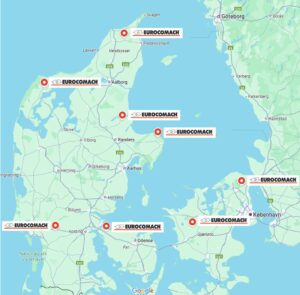 Danmarkskort med placering af Eurocomach forhandlere